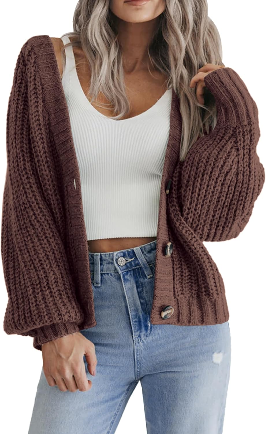 Zeagoo Women's 2025 Fall Chunky Knit Cardigans Open Front Long Sleeve V Neck Button Loose Cardigan Sweaters