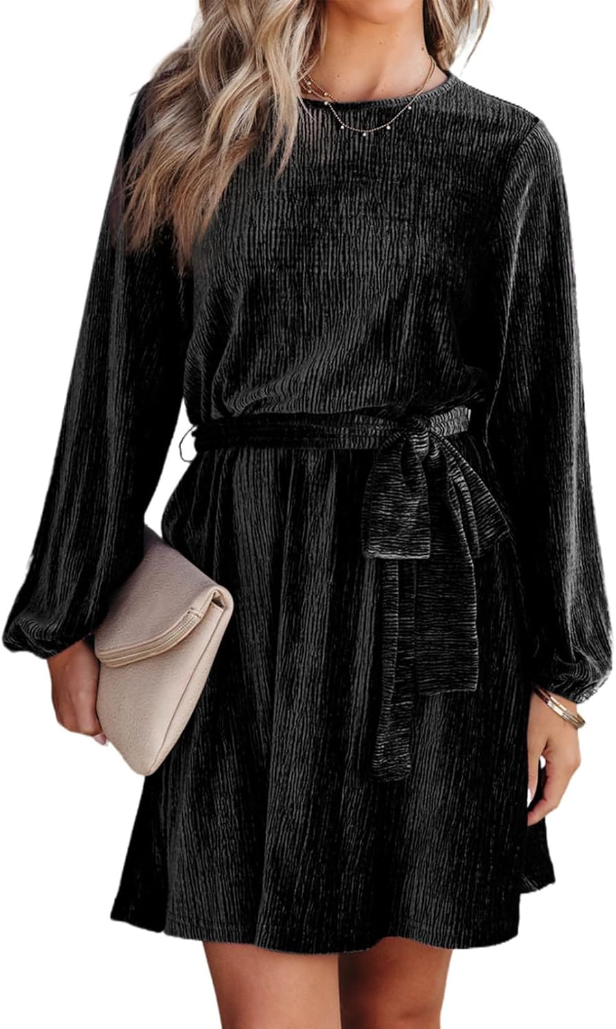 Happy Sailed Women's Velvet Dress Fall Fashion Lantern Sleeve High Waist A-Line Skater Cocktail Party Dresses with Belt