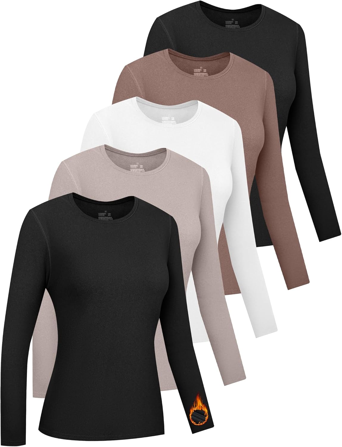 HOPLYNN 5 Pack Womens Long Sleeve Thermal Shirts Crew Neck Double Sided Fleece Lined Baselayer Tops for Cold Weather