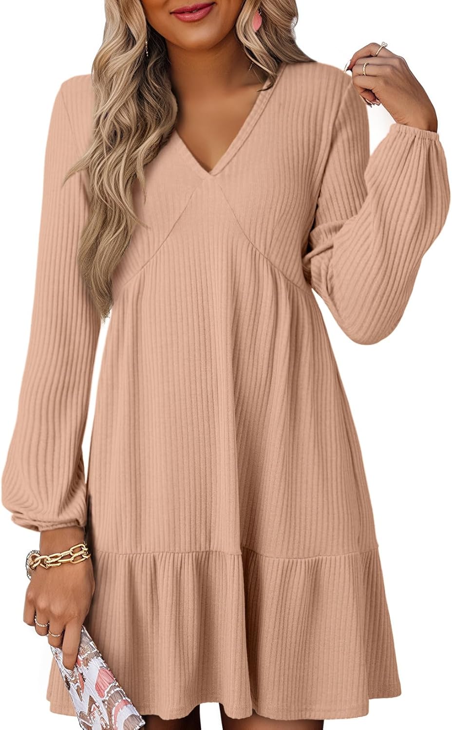 Dokotoo Fall Dresses for Women 2025 Long Sleeve V Neck Lightweight Ribbed Knit Empire Waist Casual A Line Swing Mini Dress