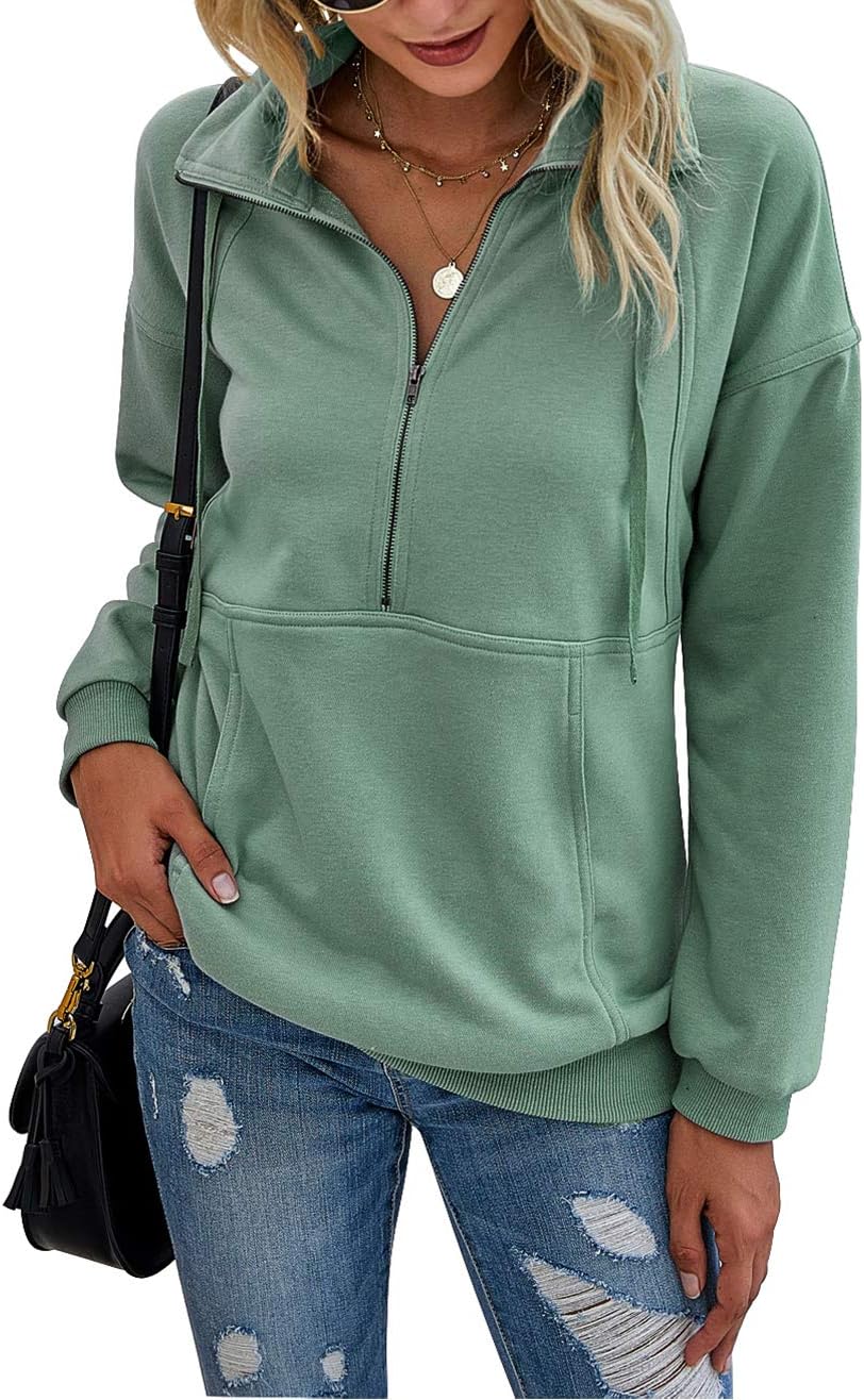 PRETTYGARDEN Women's Casual Long Sleeve Lapel Zipper Sweatshirt Drawstring Loose Pullover Tops