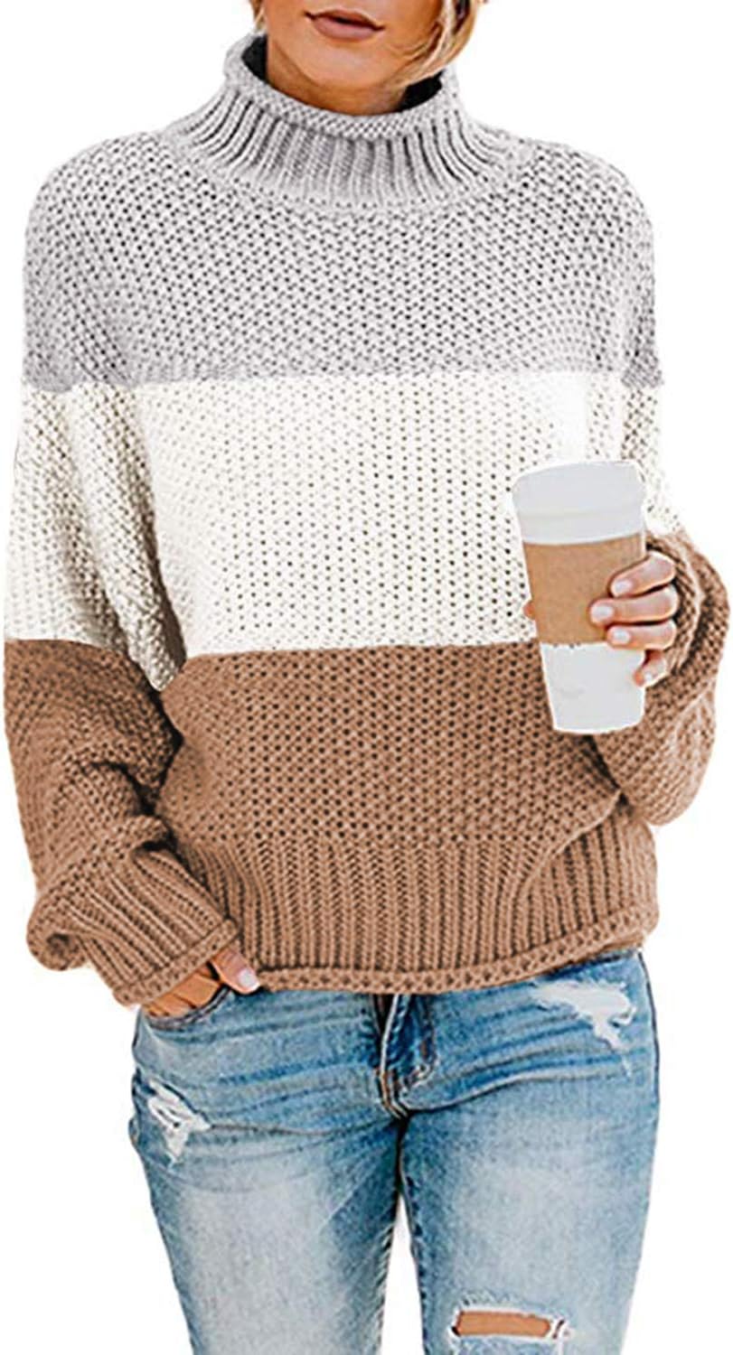 Dokotoo Womens 2025 Winter Fall Solid Turtleneck High Neck Balloon Long Sleeve Sweaters Pullover Outerwear