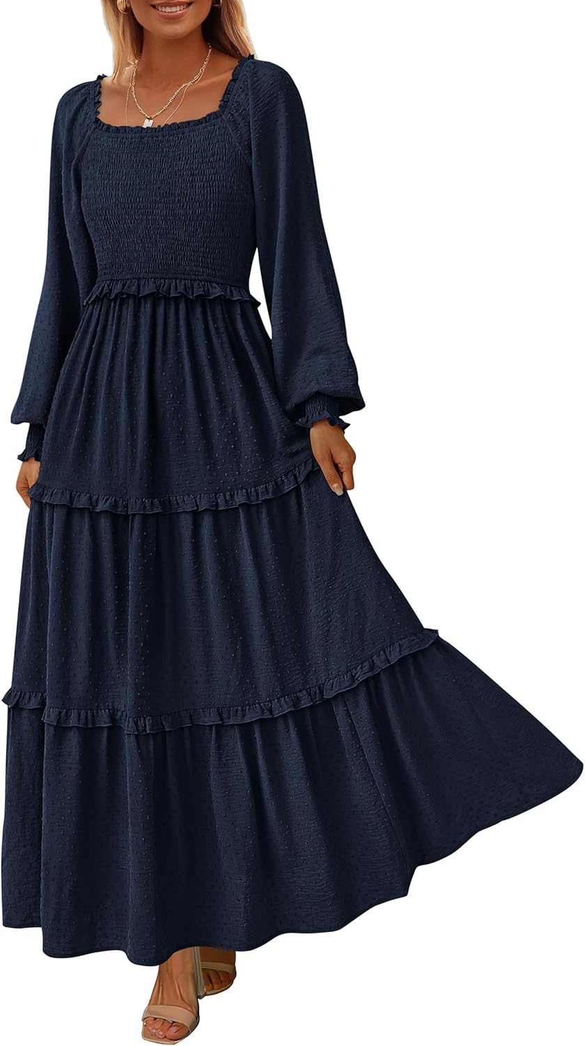 PRETTYGARDEN Fall Dresses for Women 2025 Long Sleeve Smocked Square Neck Swiss Dot Tiered Flowy Wedding Guest Maxi Dress