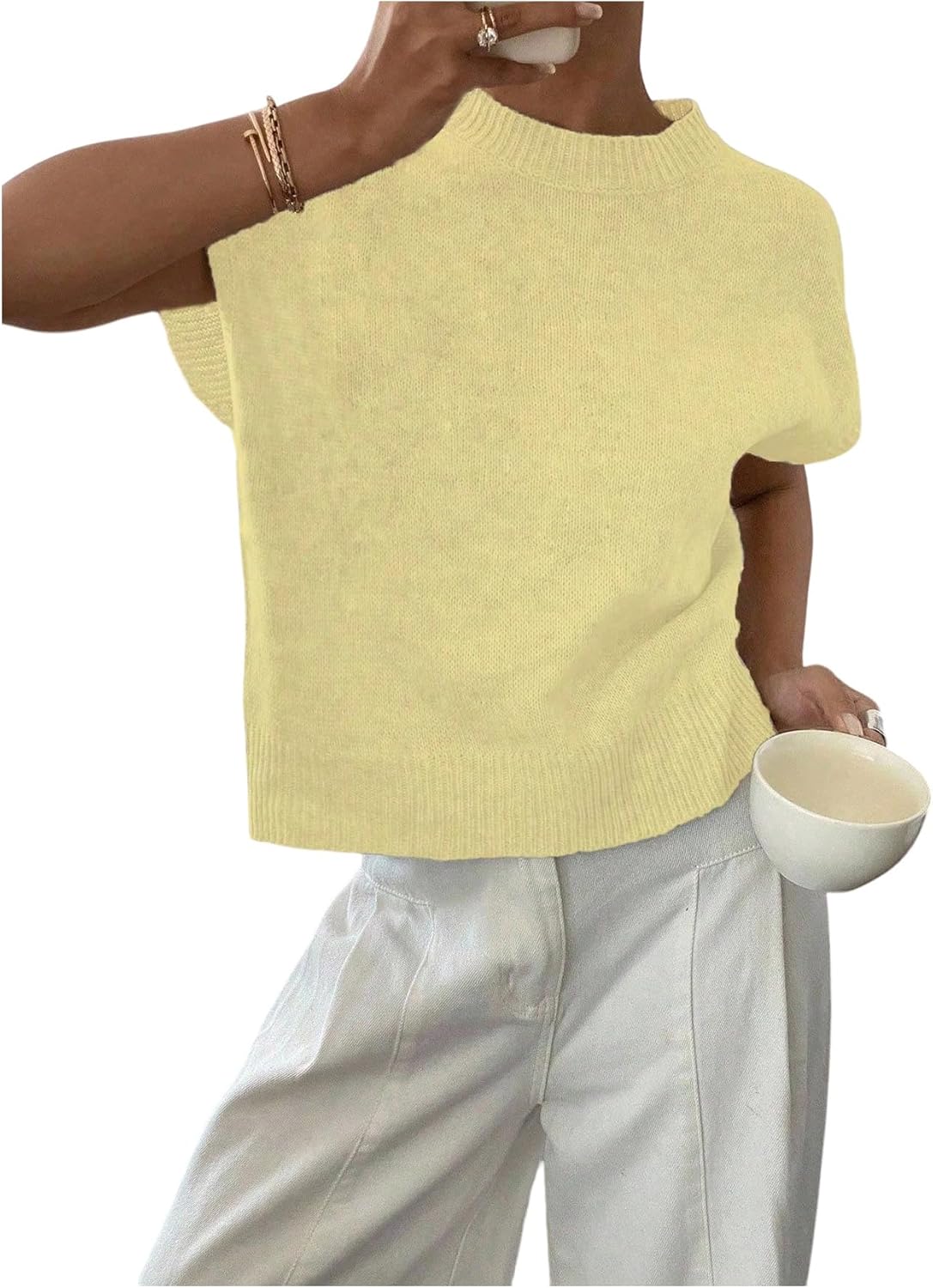 SOLY HUX Women's Ribbed Sweater Crew Neck Short Sleeve Loose Fit Floral Knit Pullover Tops