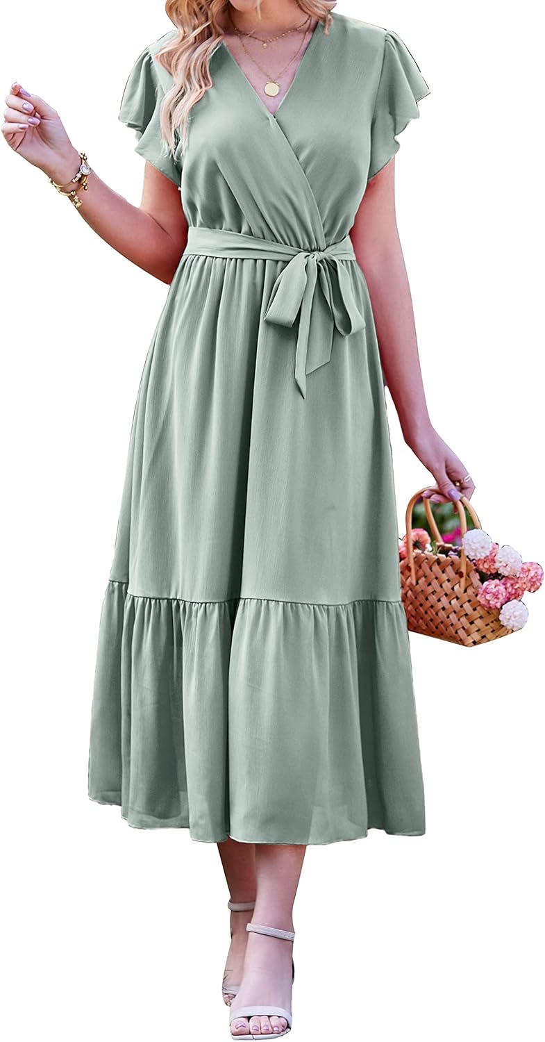 BTFBM Women Summer Bohemian Floral Casual Wrap V Neck Ruffle Cap Sleeveless Belt A-Line Pleated Hem Midi Sun Dress White