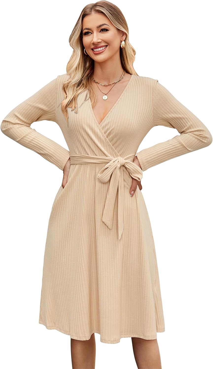 Newshows Womens 2025 Fall Dresses Teacher Church Business Casual Work Outfits Knit Midi Sweater Pockets Belt Dress