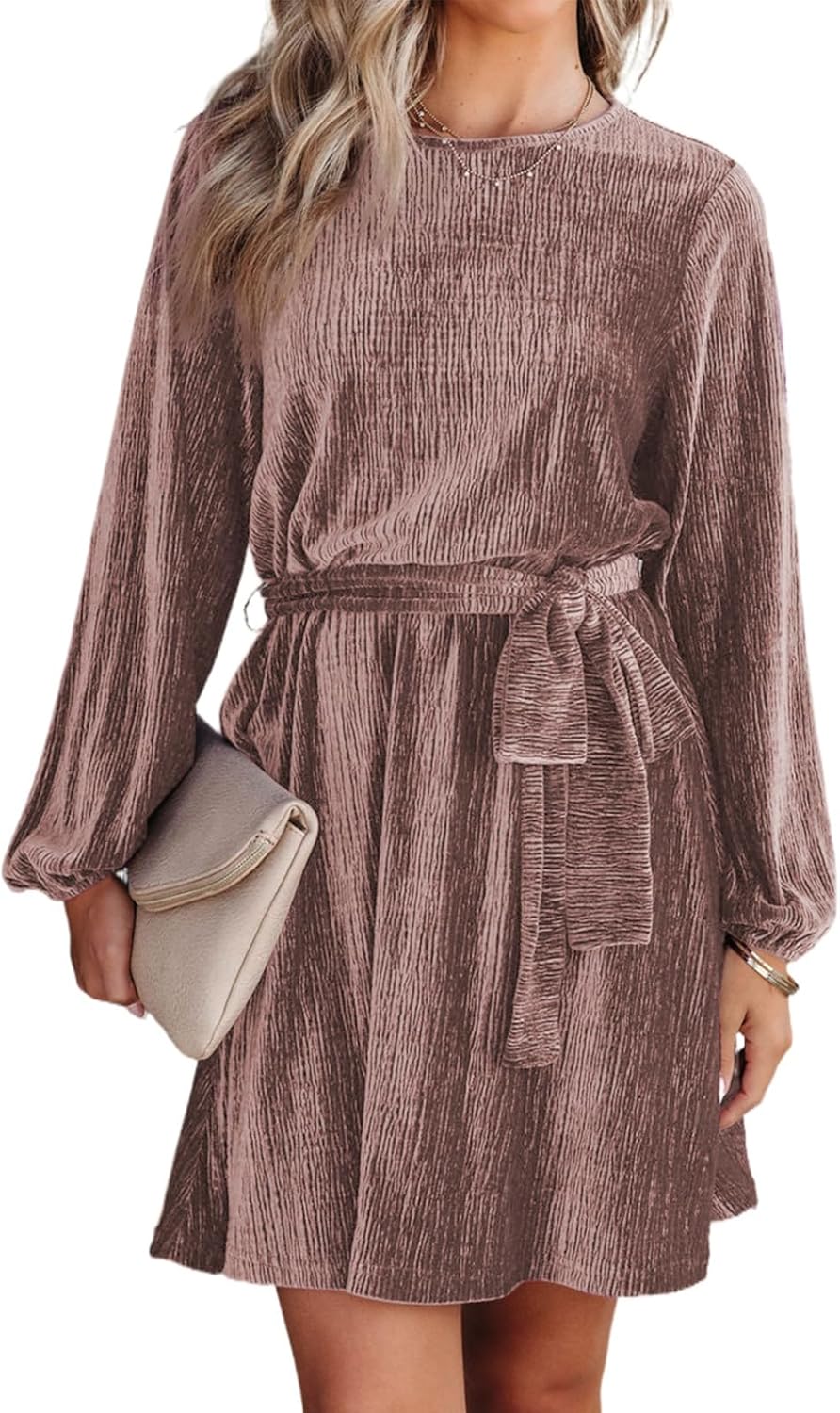 Happy Sailed Women's Velvet Dress Fall Fashion Lantern Sleeve High Waist A-Line Skater Cocktail Party Dresses with Belt