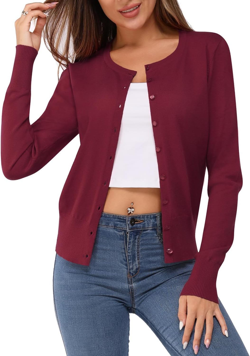 Newshows Women's Lightweight Button Down Cardigan Long Sleeve Casual Crew Neck Soft Knit Cardigans Sweater Tops