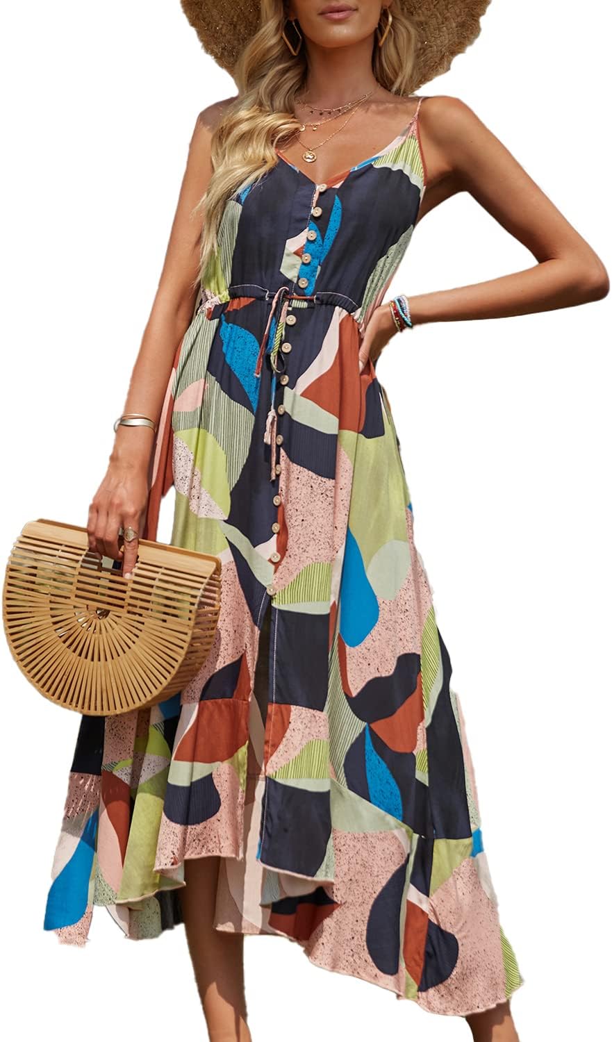 BROVAVE Women's 2025 Summer Casual Boho Sundress Polka Dot Spaghetti Strap V Neck Flowy Midi Dresses