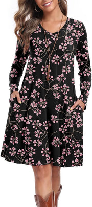 Women's Casual T Shirt Dresses Fall Long Sleeve Swing Dress with Pockets