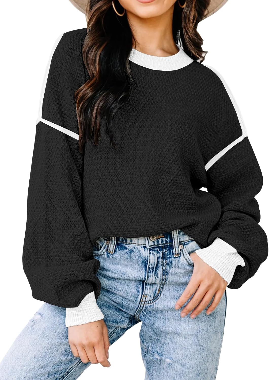 Womens Sweaters Fall 2025 Fashion Long Sleeve Color Block Oversized Sweater Trendy Casual Crew Neck Knitted Tops Pullover