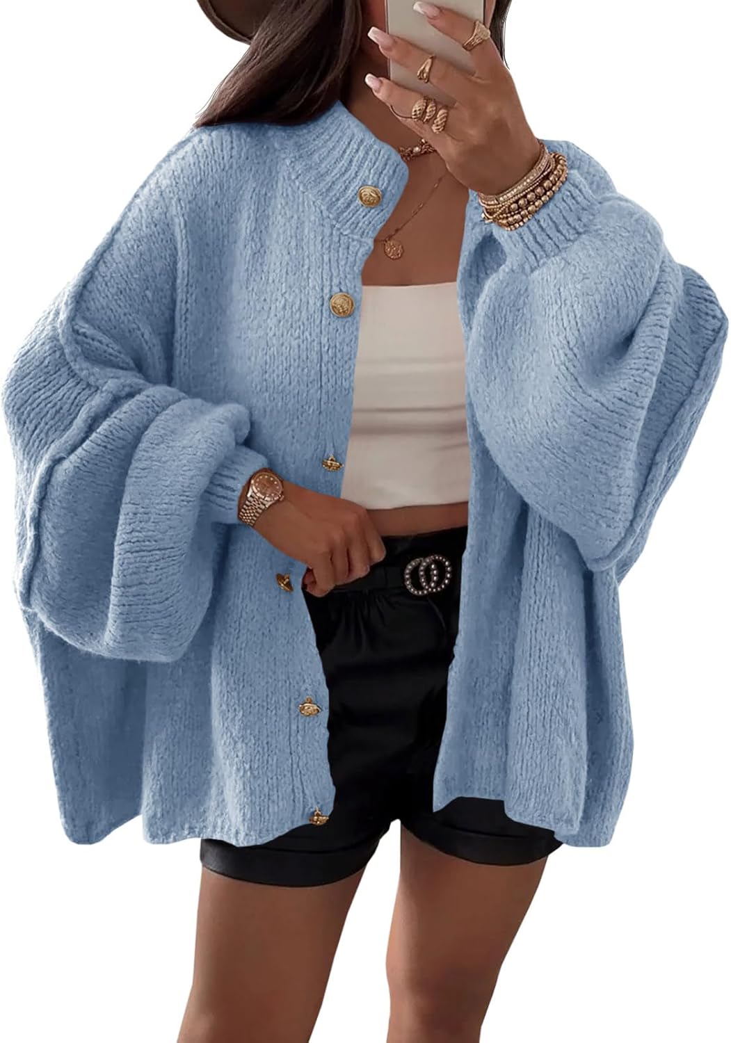 Saodimallsu Womens Oversized Cardigans Long Lantern Sleeve Button Down Chunky Knit Loose Fall Sweater Coats