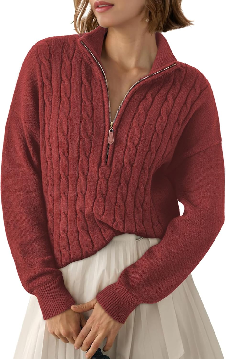 Dokotoo Women's Sweaters 2025 Fall Winter Quarter Zip Casual Ribbed Cable Knit Pullover