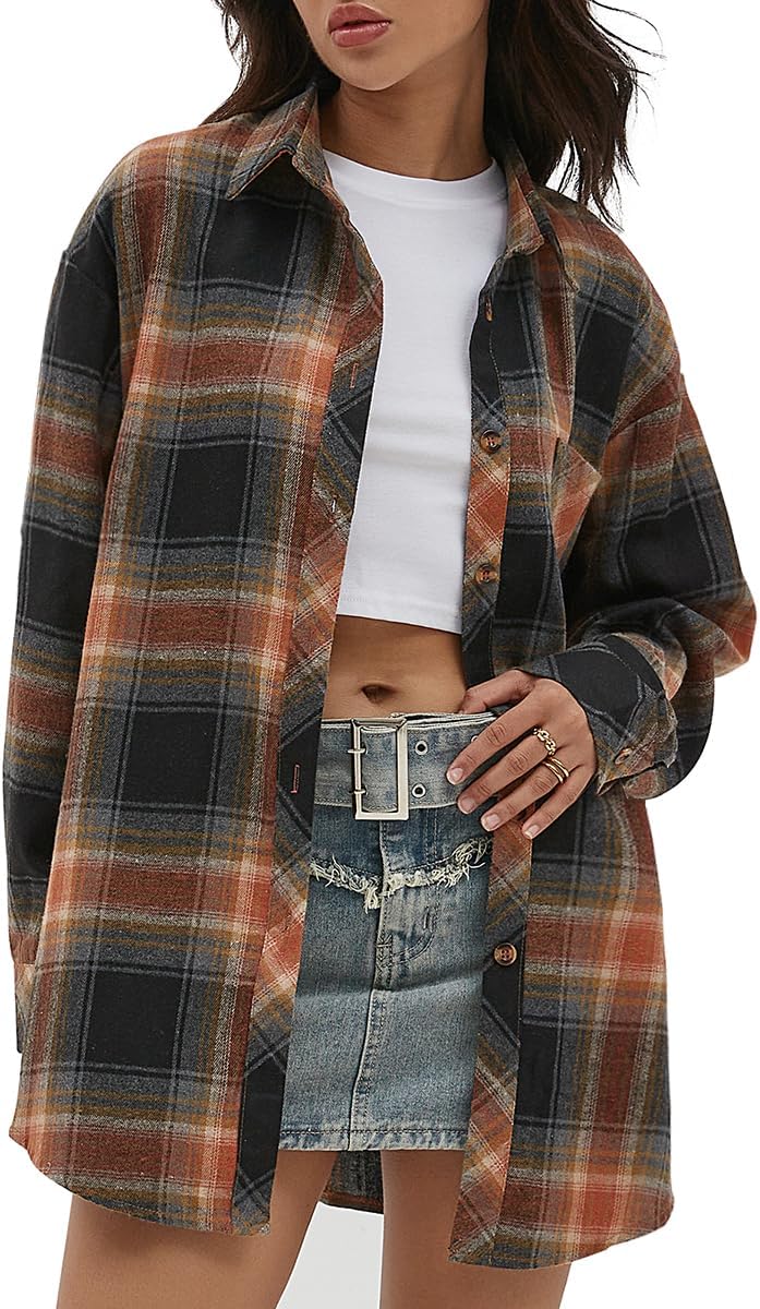 CHYRII Womens Button Down Flannel Shirts Long Sleeve Plaid Shackets Business Casual Blouse Top