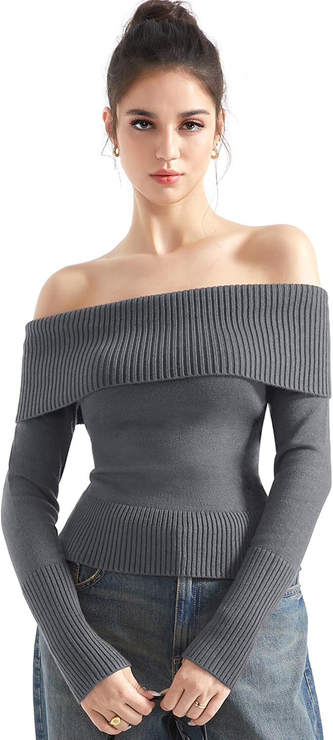 SUUKSESS Women Off Shoulder Sweaters Long Sleeve Ribbed Knit Going Out Fall Tops Blouse