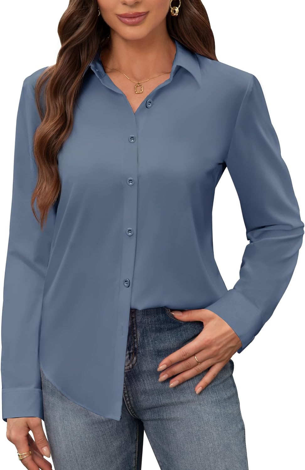 siliteelon Women's Stain Shield Dress Shirts Wrinkle Free Long Sleeve Shirts Solid Work Business Button Down Shirts