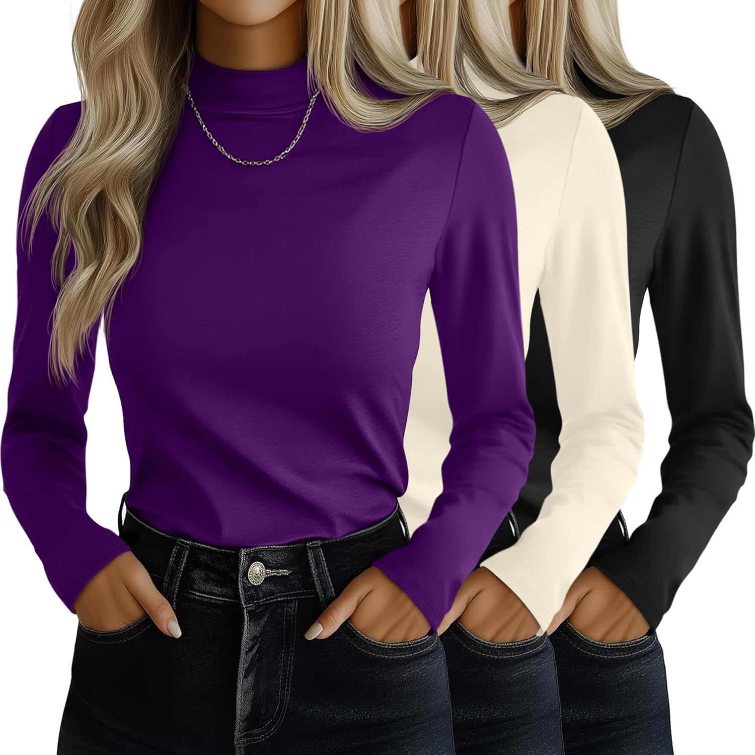Ficerd 3 Pack Women's Mock Turtleneck Shirts, Long Sleeve Mock Neck Pullover Tops Slim Fitted Stretch Undershirt Tee Blouse