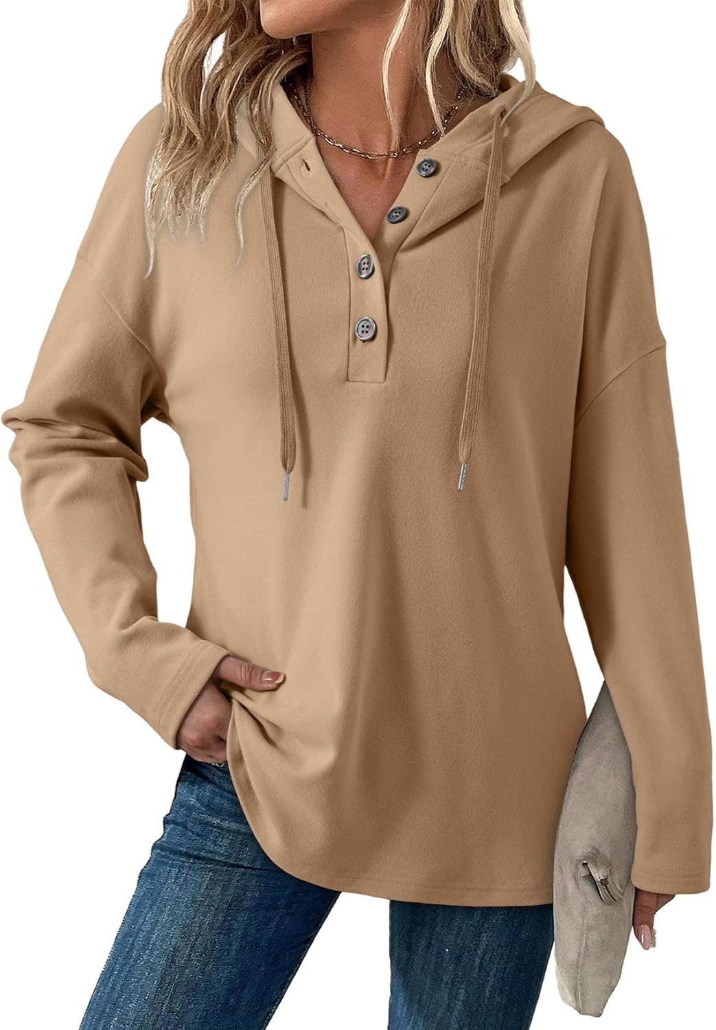 Dokotoo Hoodies for Women Long Sleeve Drawstring Button V Neck Fleece Casual Lightweight Pullover Sweatshirt Hooded Tops