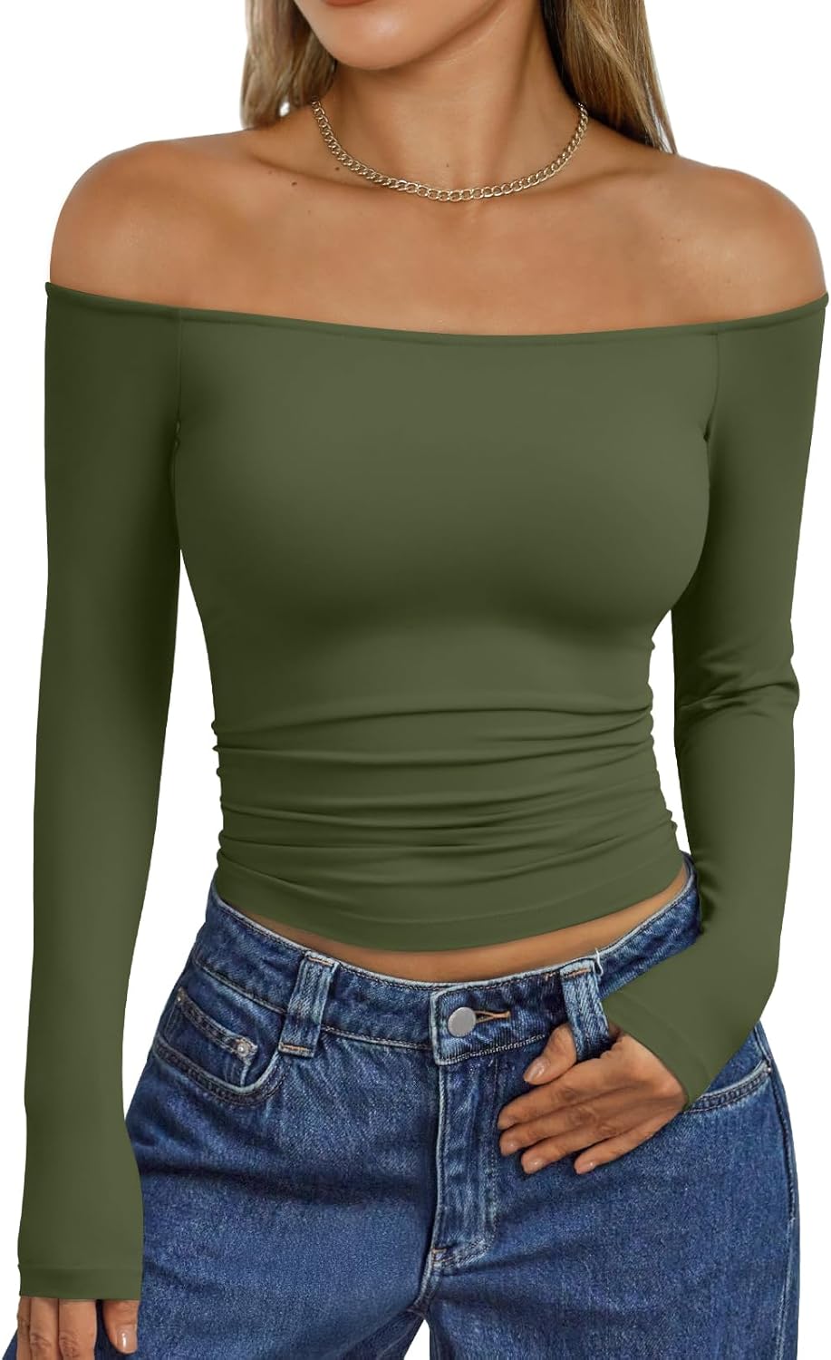 Trendy Queen Womens Long Sleeve Off The Shoulder Tops Going Out Cute Basic Y2K Fall Fashion 2025 Outfits Clothes