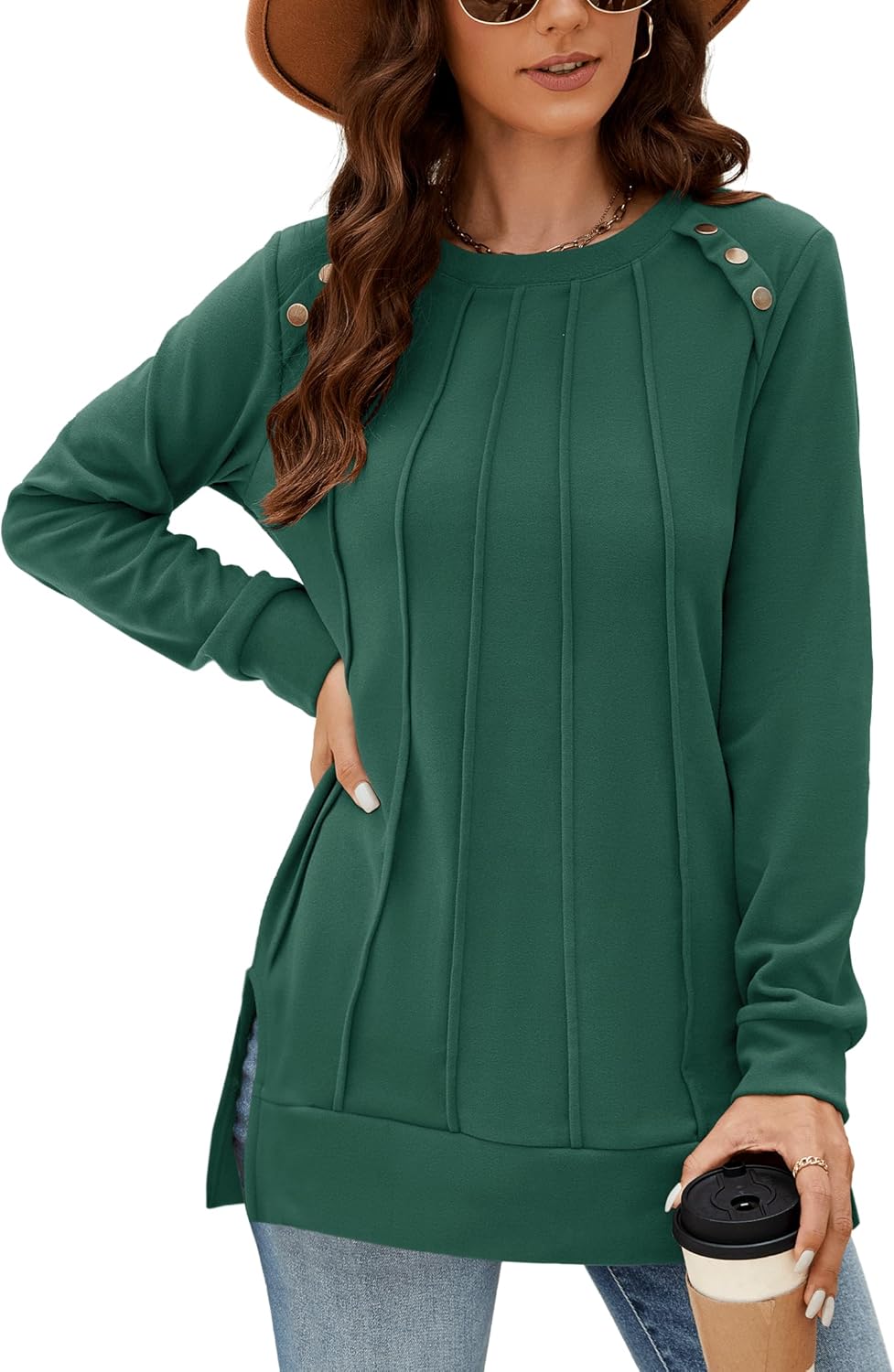 Odosalii Womens Long Sleeve Tops Crewneck Sweatshirts Pleated Front Sweaters Plain Shirts Trendy Side Split Fall Outfits