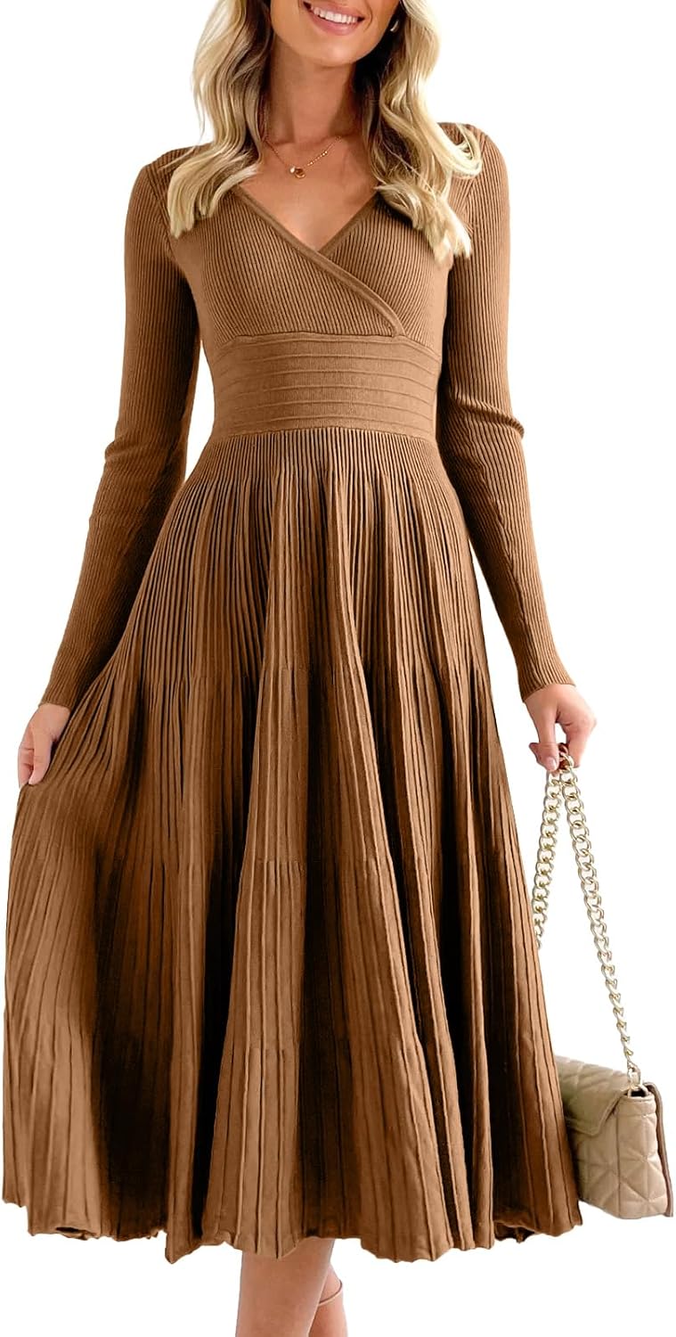 Saodimallsu Womens Long Sleeve Midi Sweater Dress Wrap V Neck Pleated A Line Fit Flare Elegant Knit Maxi Dress