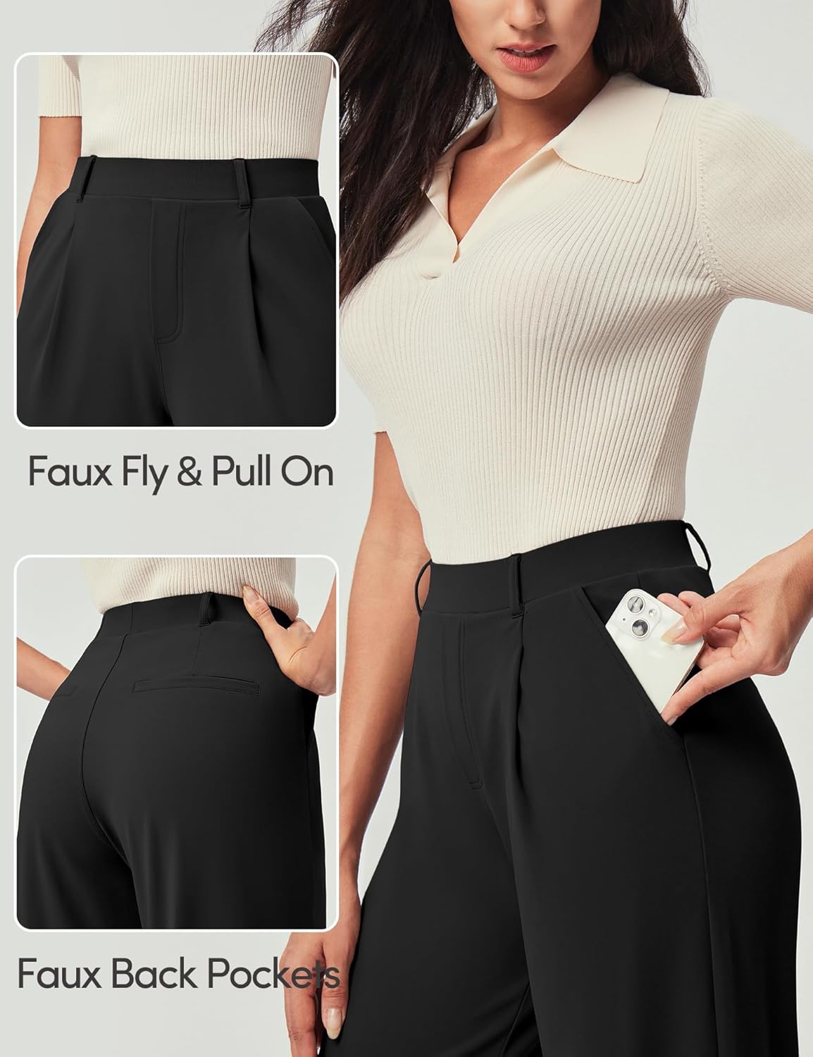 IUGA Womens Dress Pants Wide Leg Pull On Stretchy Work Pants Women High Waisted Business Casual Trousers with Pockets