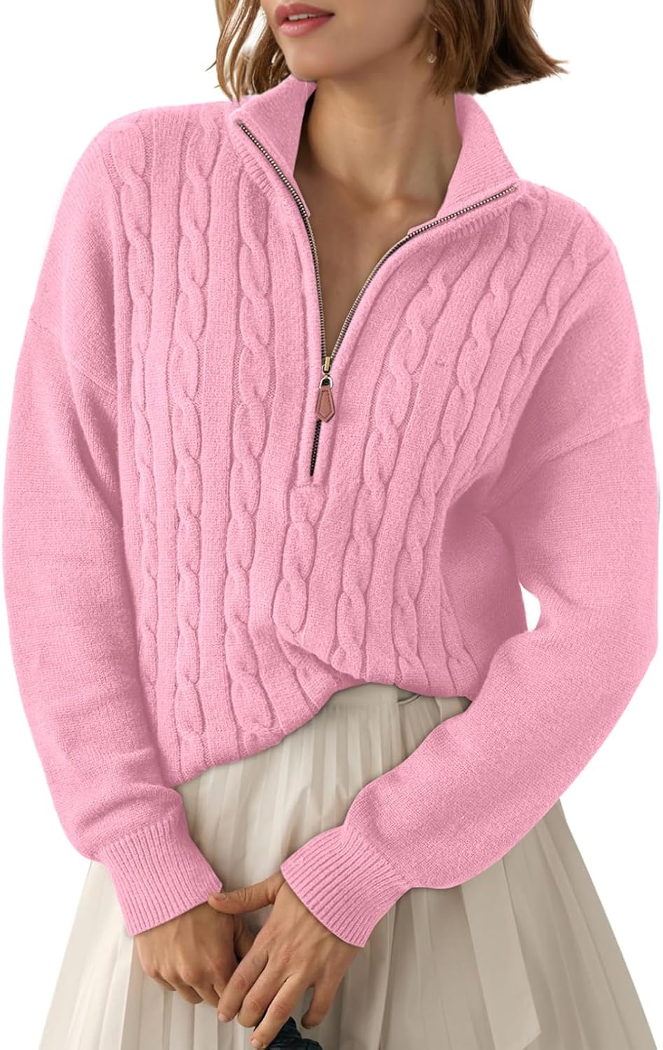 Dokotoo Women's Sweaters 2025 Fall Winter Quarter Zip Casual Ribbed Cable Knit Pullover