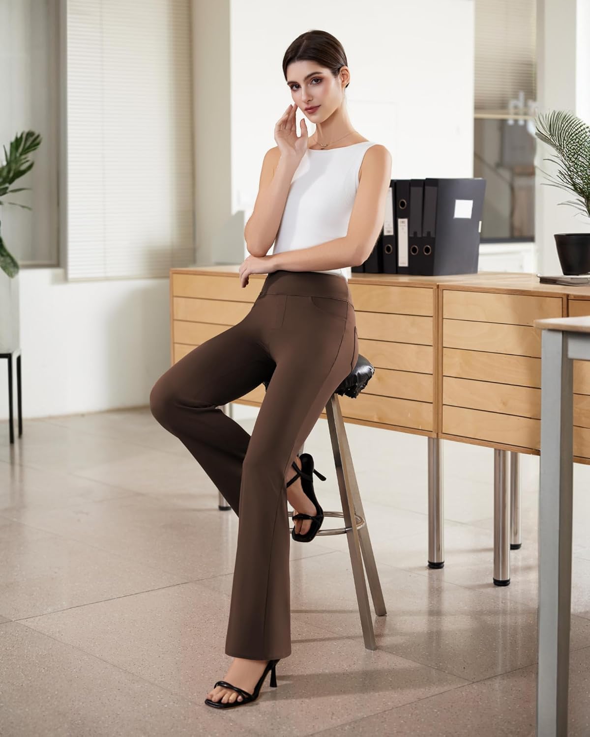 Womens Dress Pants Stretchy Work Pants Business Casual Office Trousers Pull On Flare Slacks with 4 Pockets