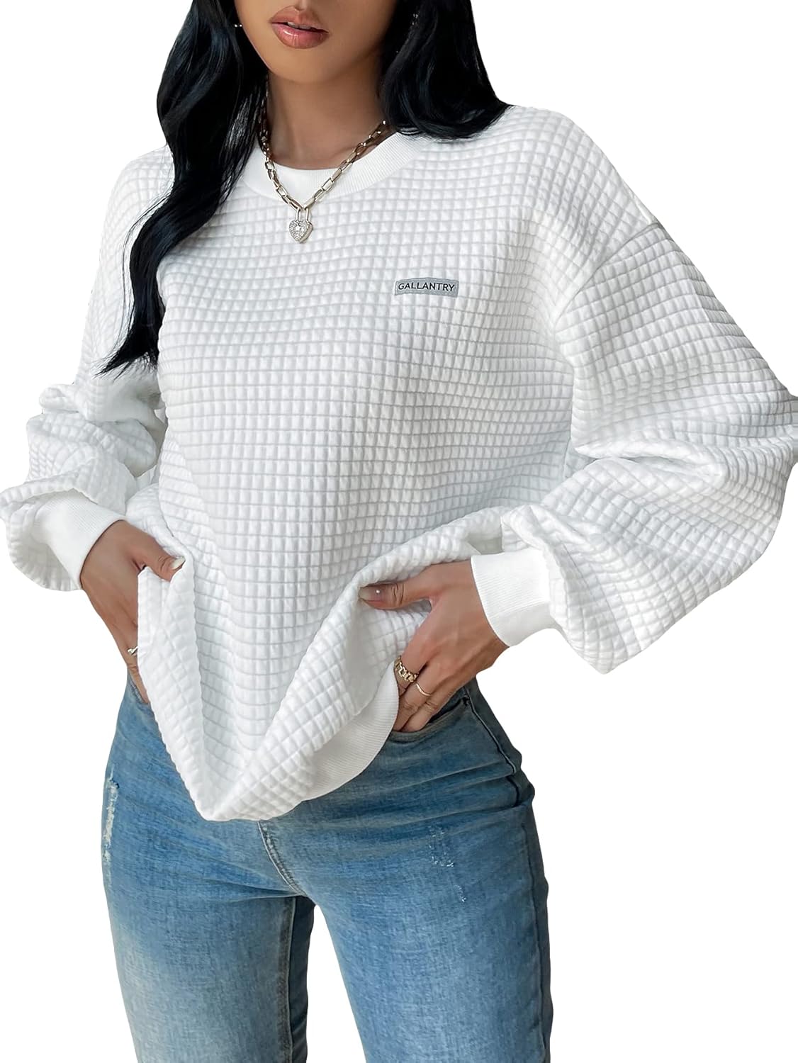 WDIRARA Women's Oversized Waffle Sweatshirt Crewneck Long Sleeve Pullovers