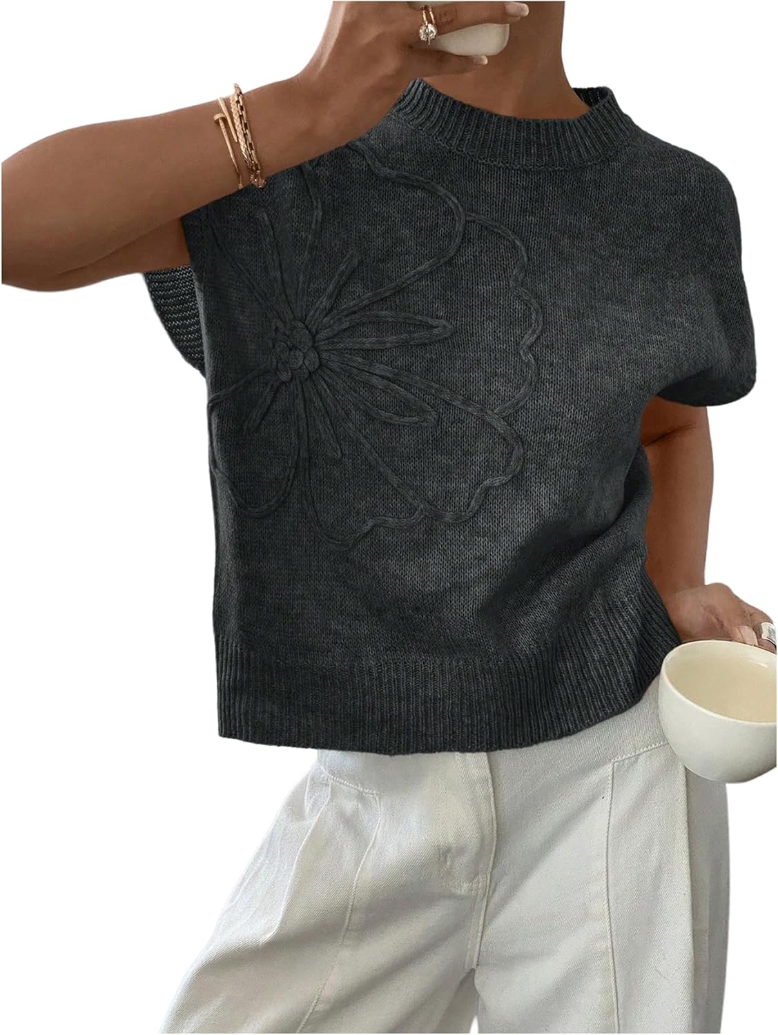 SOLY HUX Women's Ribbed Sweater Crew Neck Short Sleeve Loose Fit Floral Knit Pullover Tops