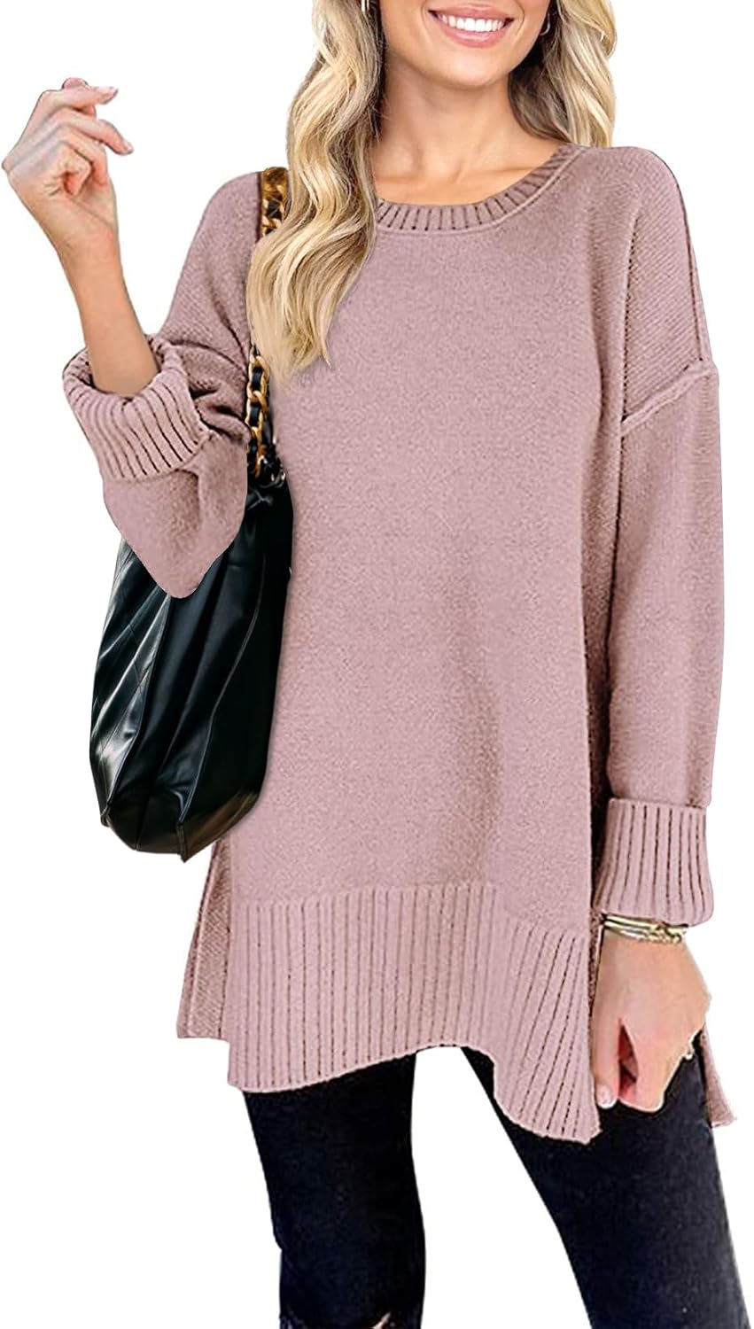 MEROKEETY Women's 2025 Fall Winter Oversized Pullover Sweater Casual Loose Crew Neck Long Sleeve Side Split Jumper Tops