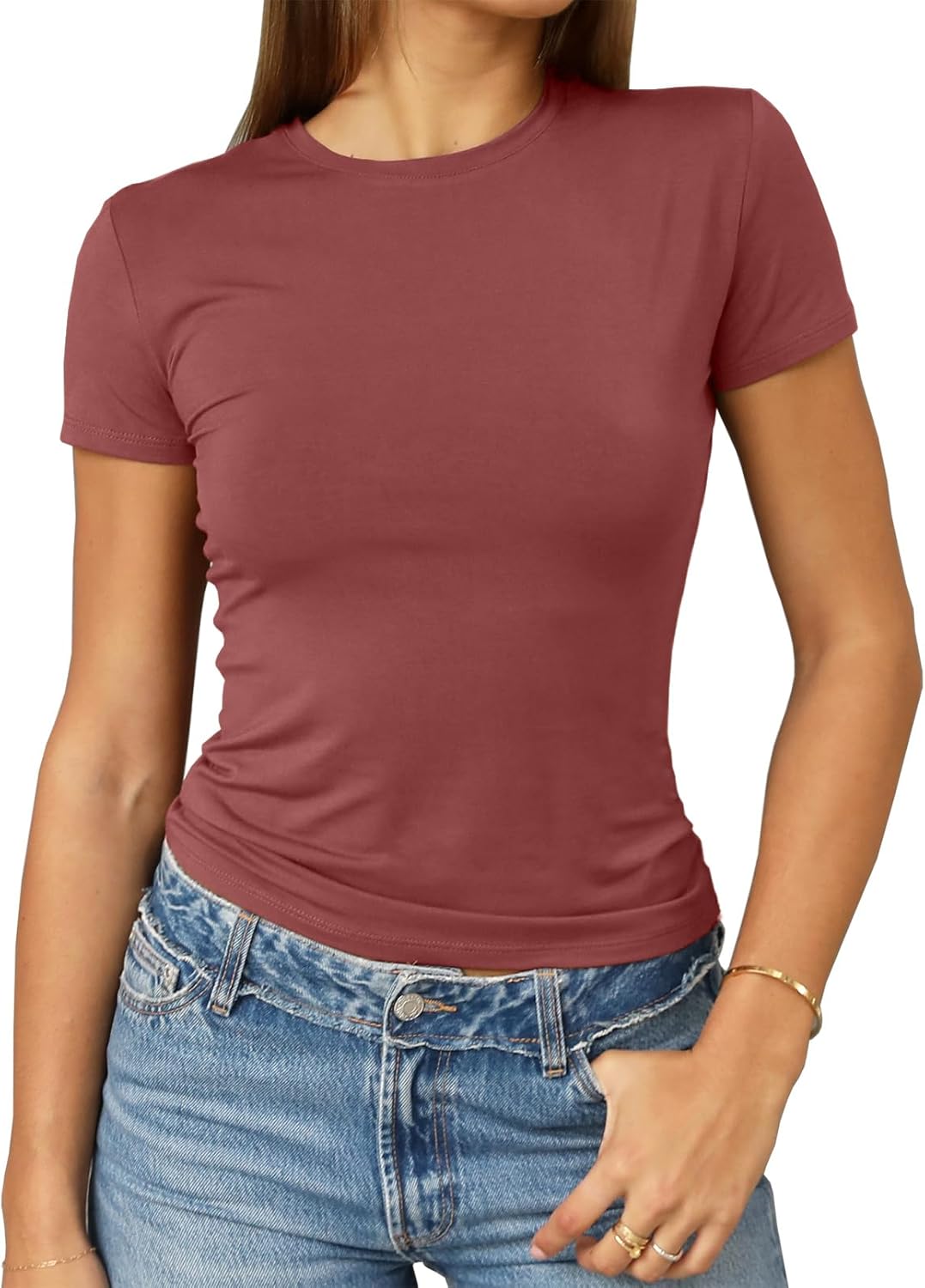 Abardsion Women's Casual Basic Going Out Crop Tops Slim Fit Short Sleeve Crew Neck Tight T Shirts 2025