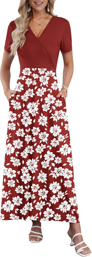 AUSELILY Maxi Dresses for Women Ankle Length Floral Print Beach Long Flowy Dress with Pockets