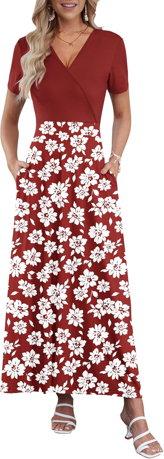 AUSELILY Maxi Dresses for Women Ankle Length Floral Print Beach Long Flowy Dress with Pockets