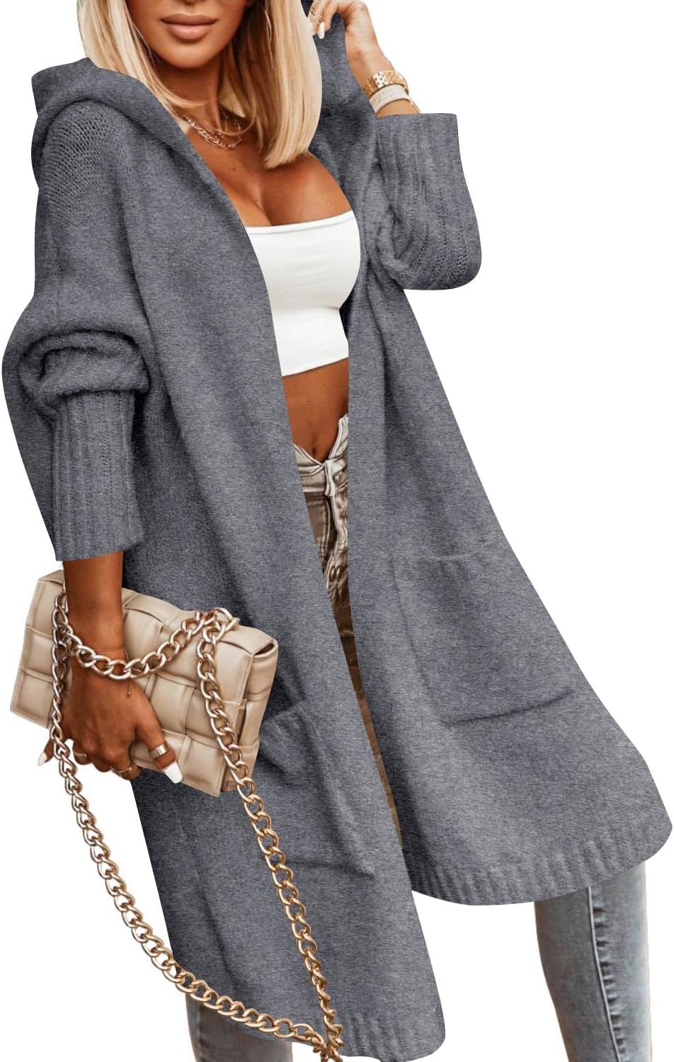 Aoysky Womens Long Cardigans Cable Knitted Open Front Oversized Hooded Outerwear Sweater Coat