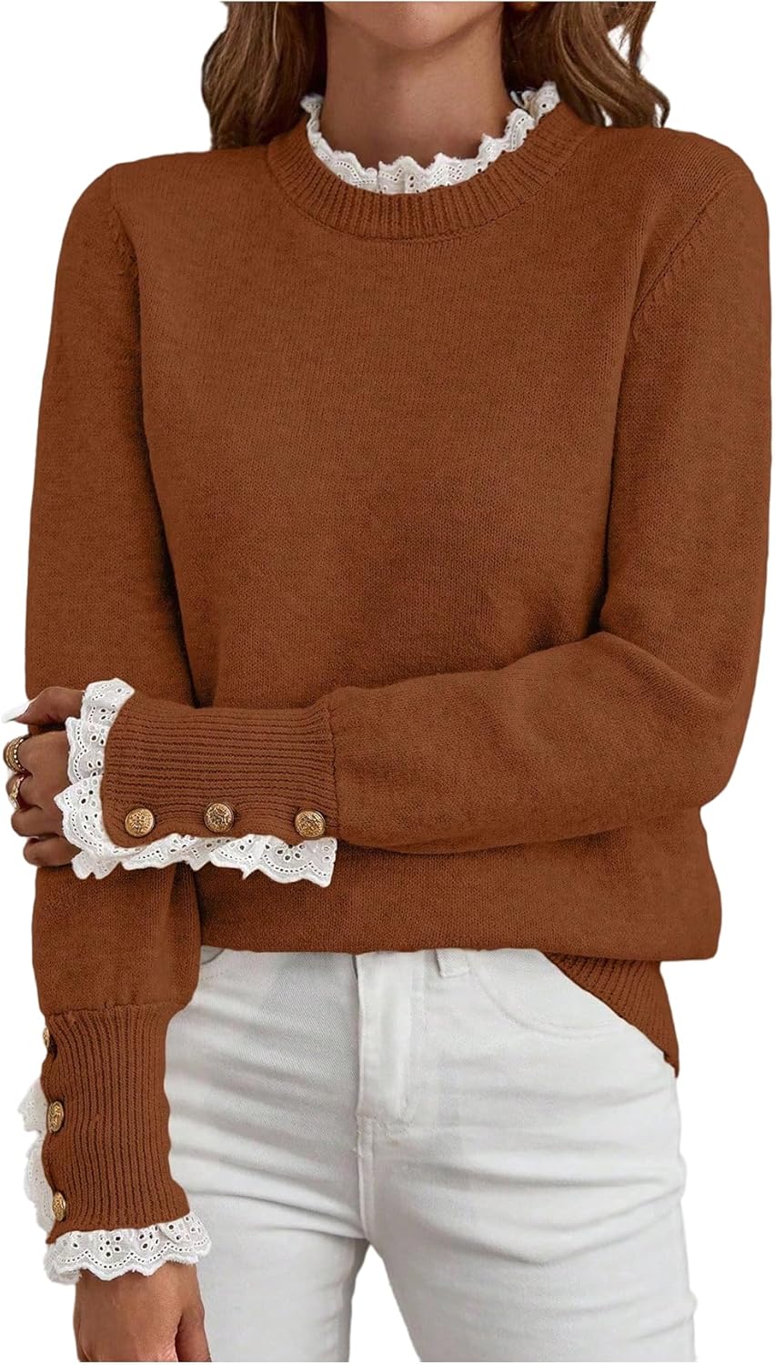 MakeMeChic Women's Fall Sweaters Lace Peplum Mock Neck Cozy Sweater Pullover