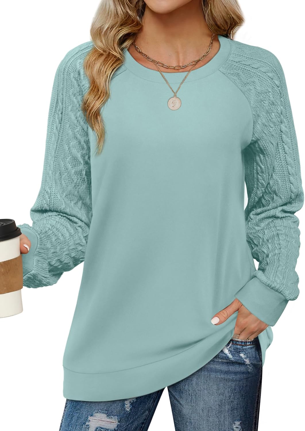 Saloogoe Sweatshirts for Women Crewneck Cable Knit Sleeve Sweaters Lightweight Fashion 2025