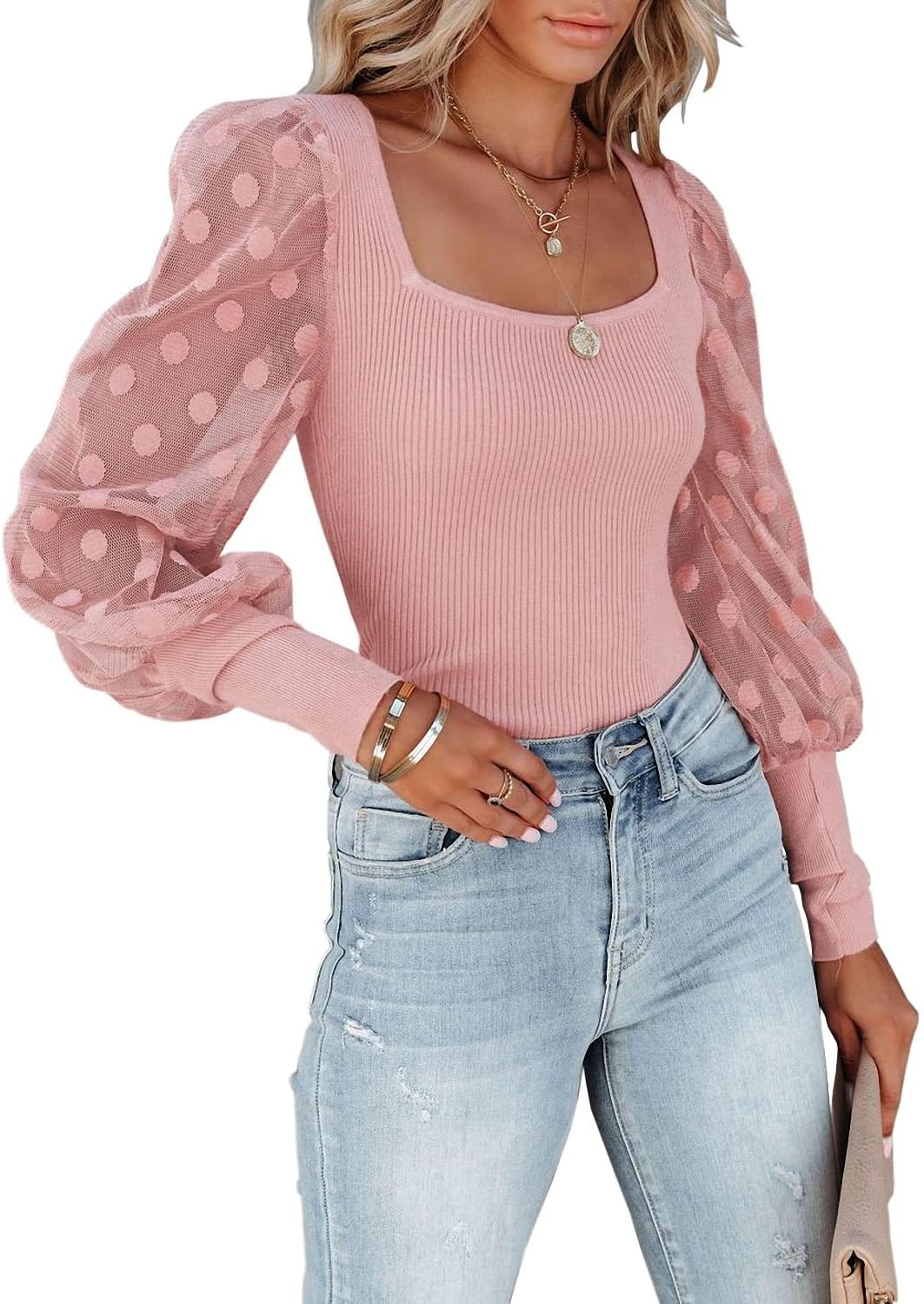 miduo Womens Tops Square Neck Polka Dot Balloon Long Sleeve Top Shirts Slim Knit Ribbed Tops Blouses