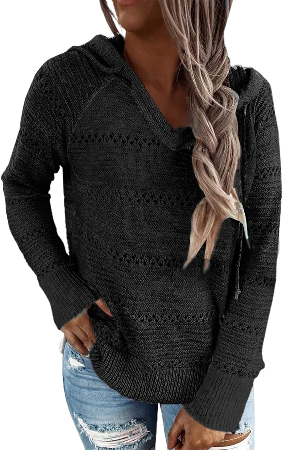 BLENCOT Women Color Block Hooded Crochet Striped Sweaters Lightweight Drawstring Hoodies Pullover Trendy Sweatshirts