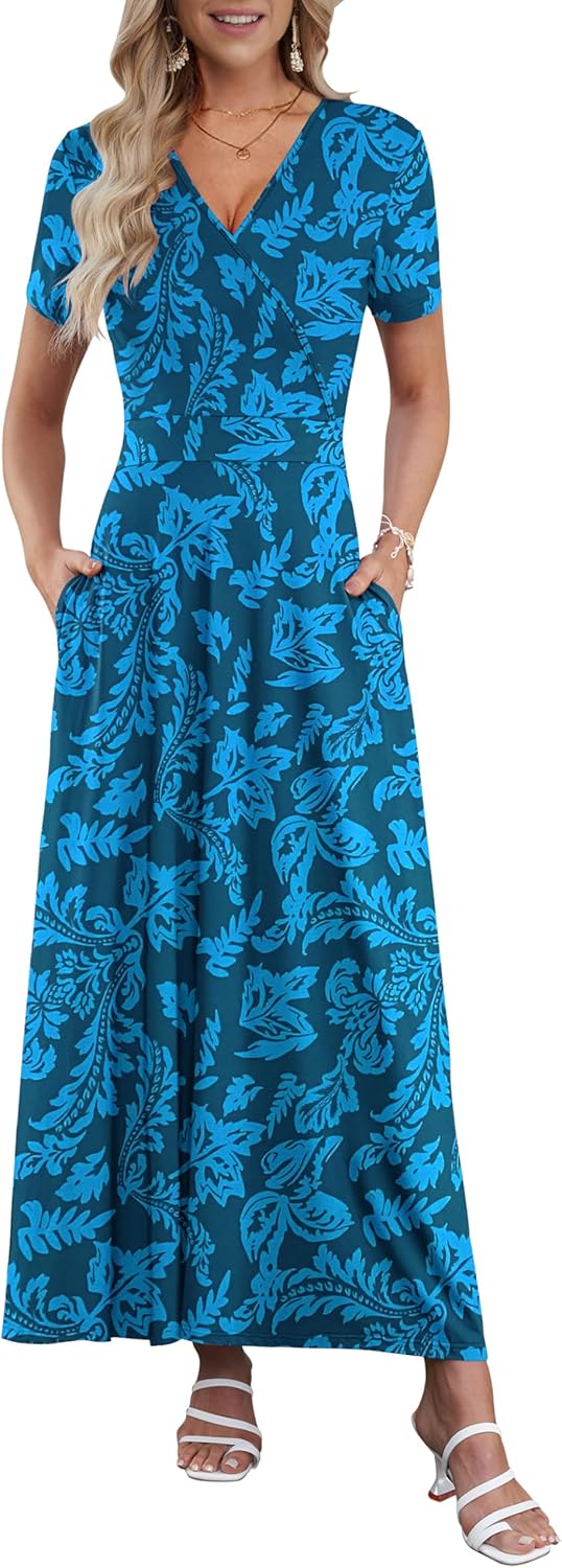 AUSELILY Maxi Dresses for Women Ankle Length Floral Print Beach Long Flowy Dress with Pockets