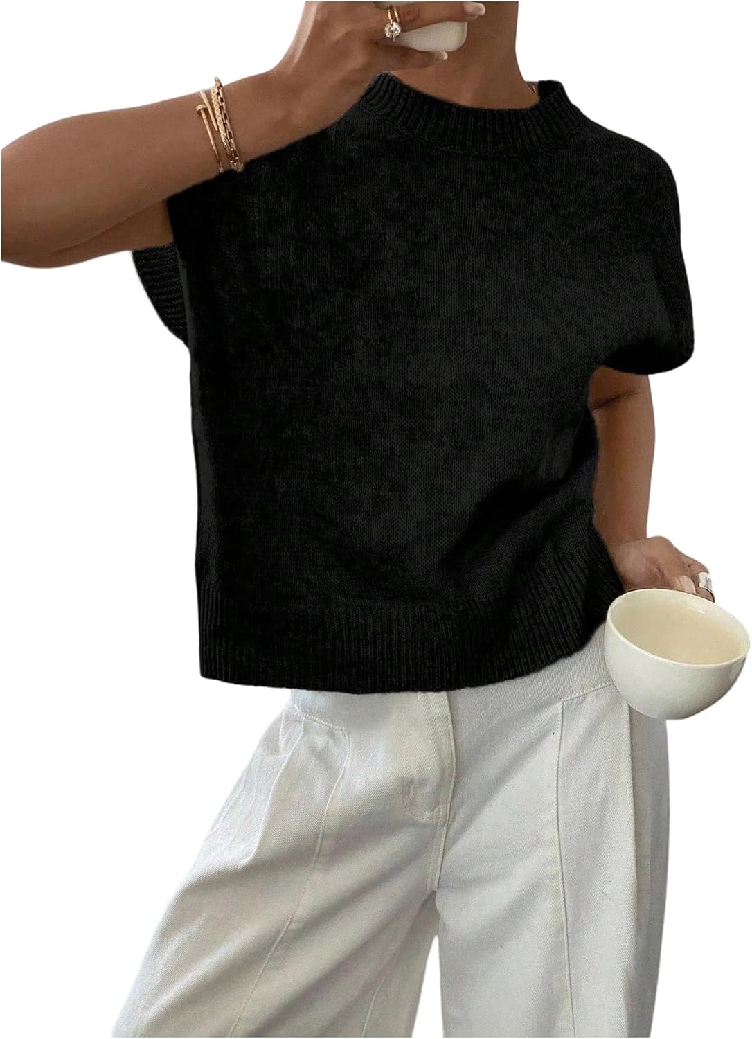 SOLY HUX Women's Ribbed Sweater Crew Neck Short Sleeve Loose Fit Floral Knit Pullover Tops