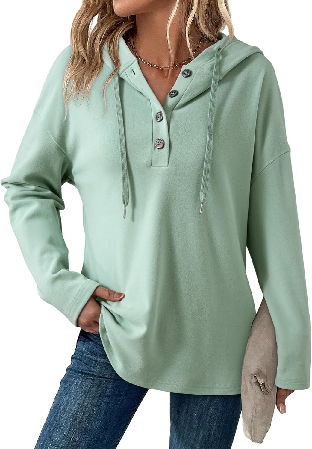 Dokotoo Hoodies for Women Long Sleeve Drawstring Button V Neck Fleece Casual Lightweight Pullover Sweatshirt Hooded Tops