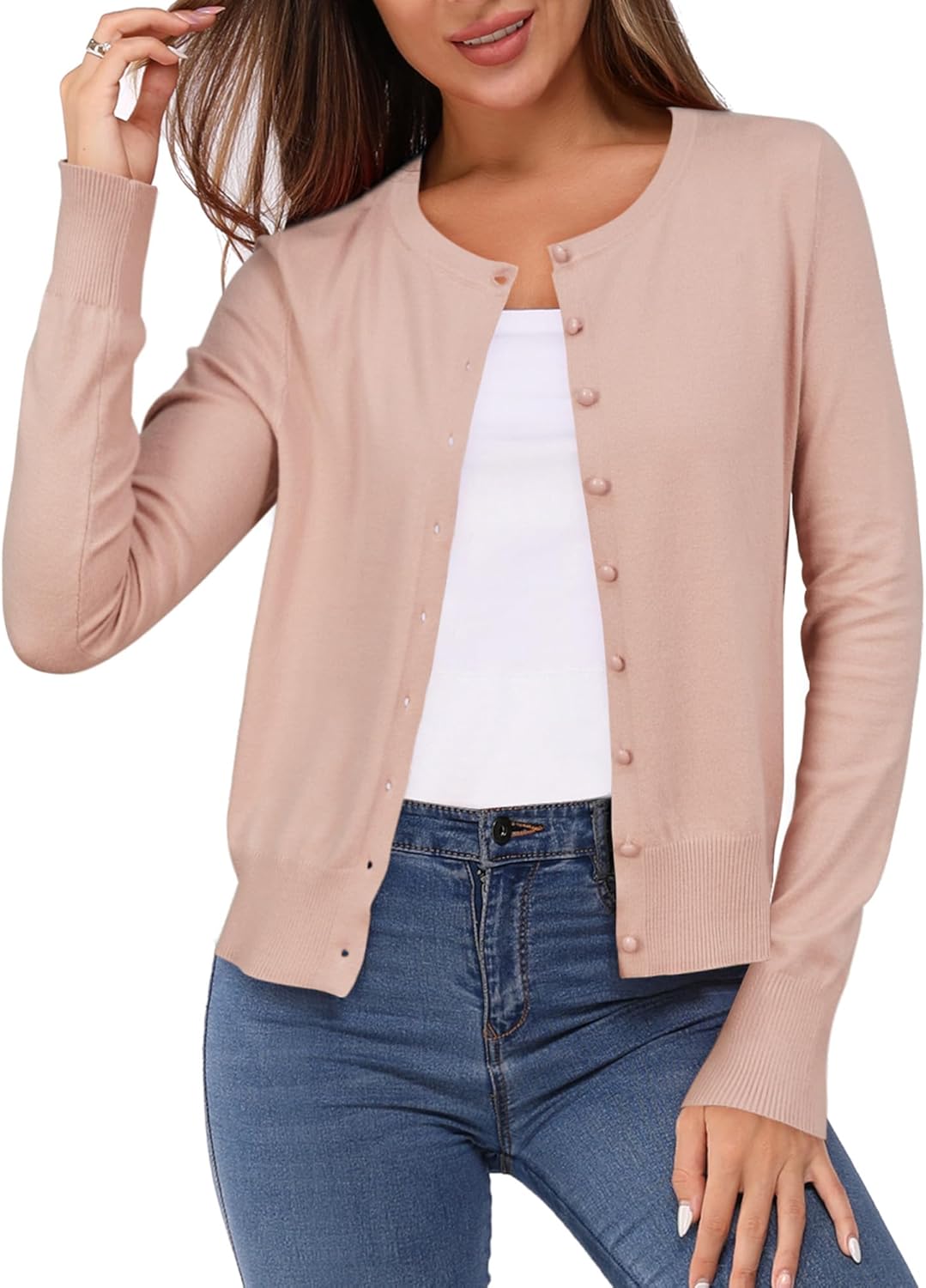 Newshows Women's Lightweight Button Down Cardigan Long Sleeve Casual Crew Neck Soft Knit Cardigans Sweater Tops