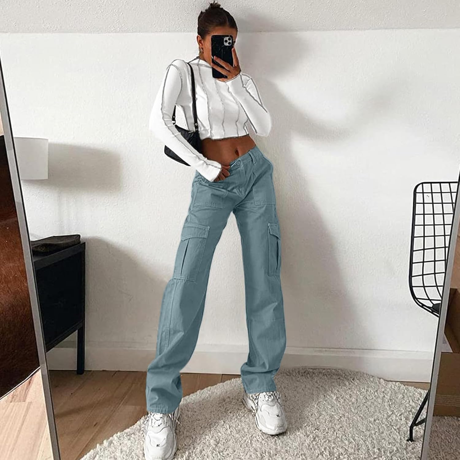 Lepunuo Cargo Pants for Women High Waisted Casual Pants Baggy Stretchy Wide Leg Y2K Streetwear with 6 Pockets