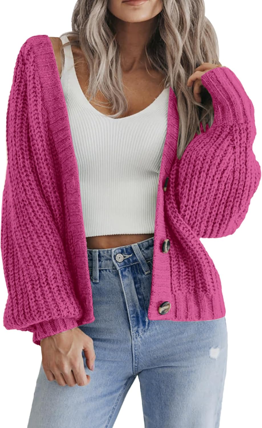 Zeagoo Women's 2025 Fall Chunky Knit Cardigans Open Front Long Sleeve V Neck Button Loose Cardigan Sweaters