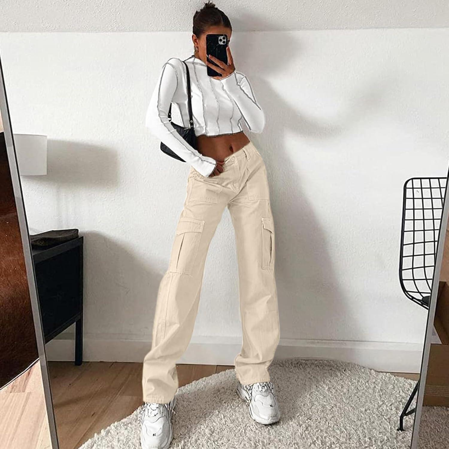 Lepunuo Cargo Pants for Women High Waisted Casual Pants Baggy Stretchy Wide Leg Y2K Streetwear with 6 Pockets