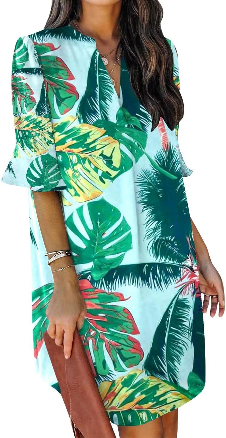 QACOHU Summer Dresses for Women V Neck Ruffle Short Sleeve Casual Shift Dress