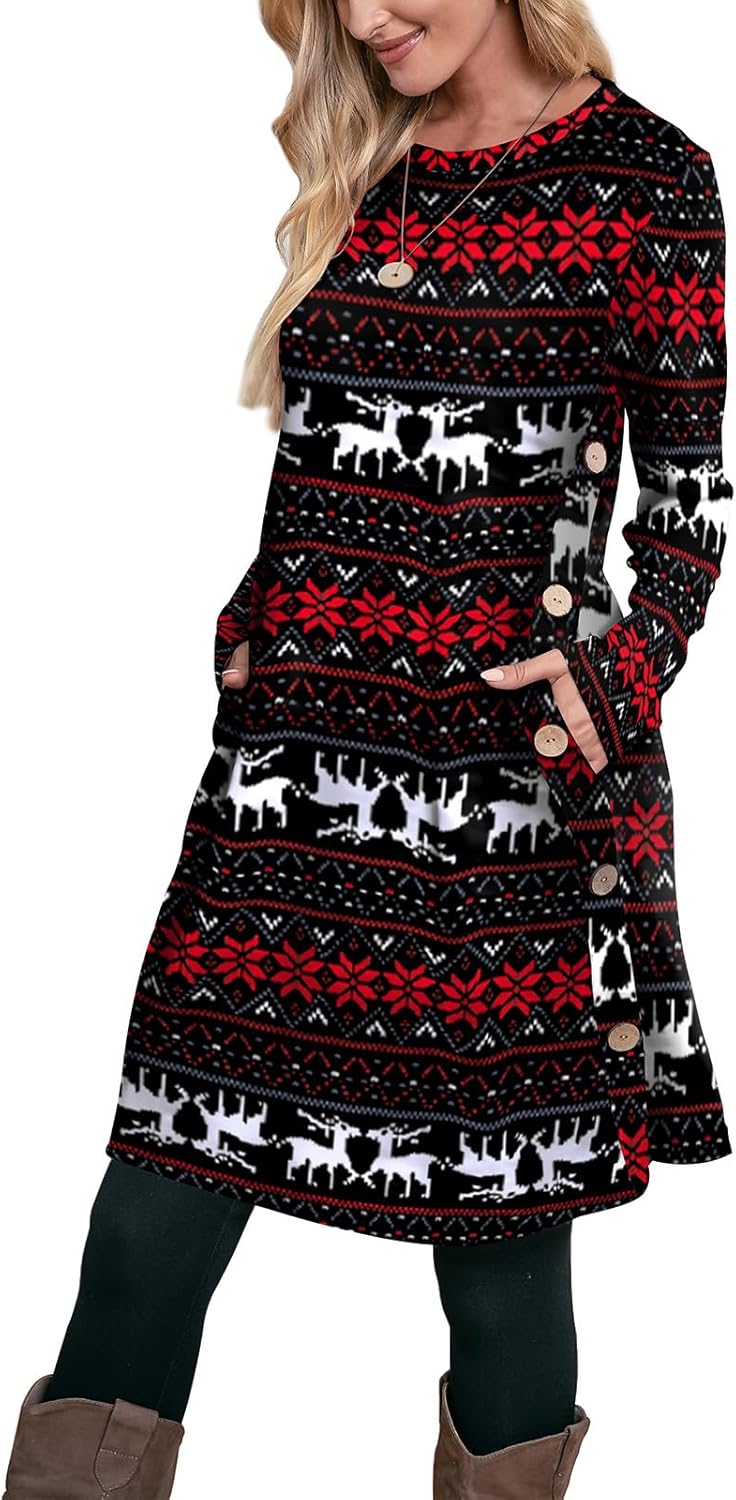 OFEEFAN Long Sleeve Dress for Women Crew Neck Tunic Dress with Pockets Buttons Side