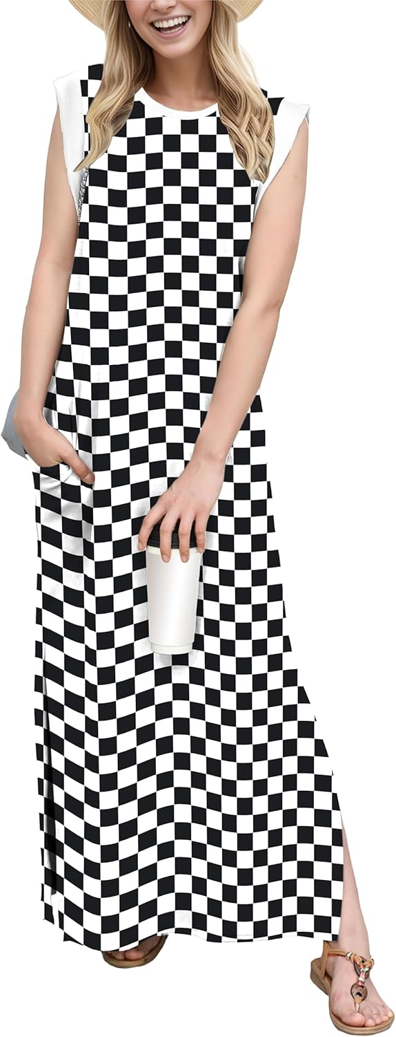 GRECERELLE 2025 Women Year-Round Casual Round Neck Loose Split Wrinkle-Free Long Maxi Vacation Dress with Pockets (XS-3XL)