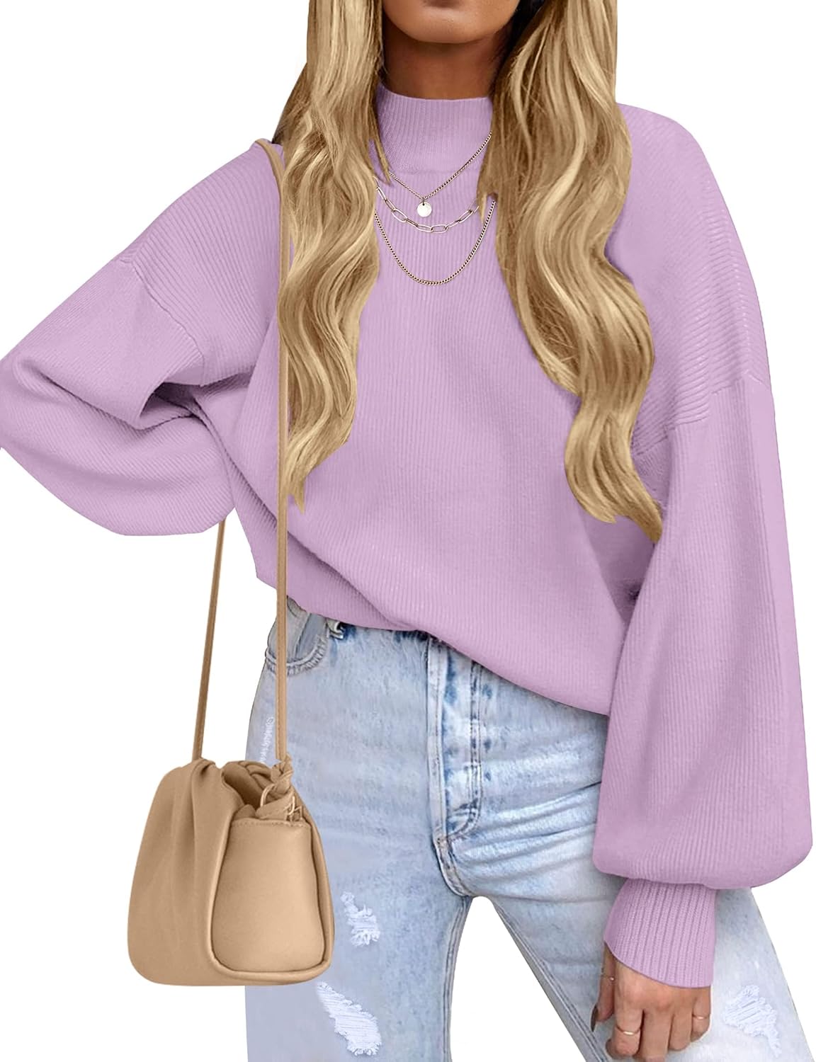 ZESICA Women's Casual Turtleneck Long Lantern Sleeve Fall 2025 Oversized Ribbed Knit Pullover Sweater Jumper Top